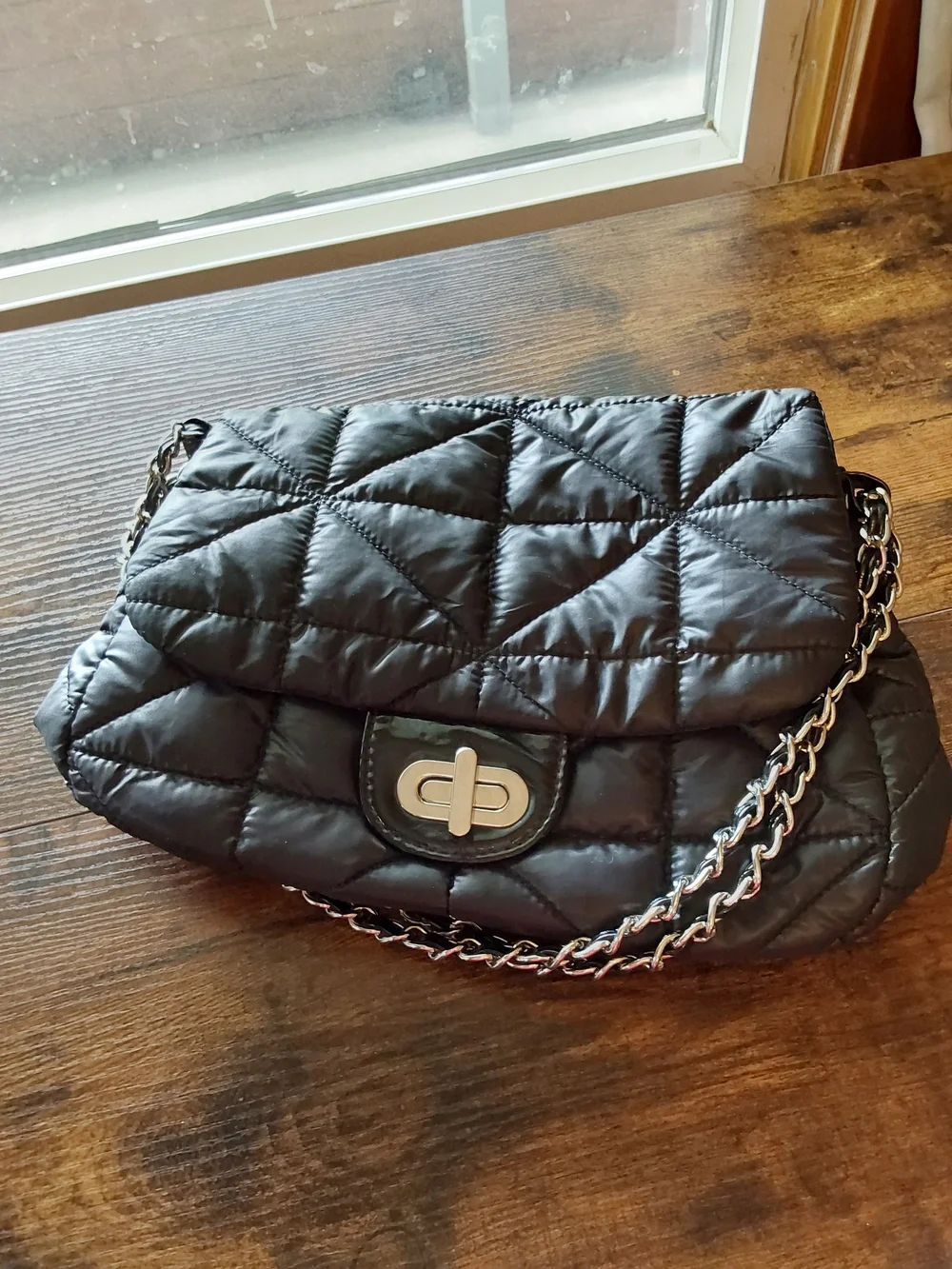 Chico's Quilted Black Shoulder Bag with Silver Chain